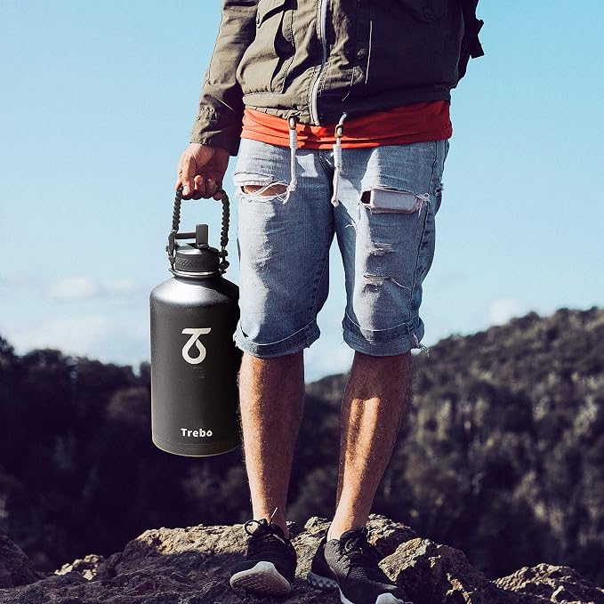 Trebo One Gallon Water Bottle Insulated with 3 Lids, Paracord Handle & Bag | 128 oz Large Stainless Steel Water Jug, Triple Wall Vacuum Copper Plated, Dishwasher Safe, Keeps Cold 48 Hrs for Hiking, Gym