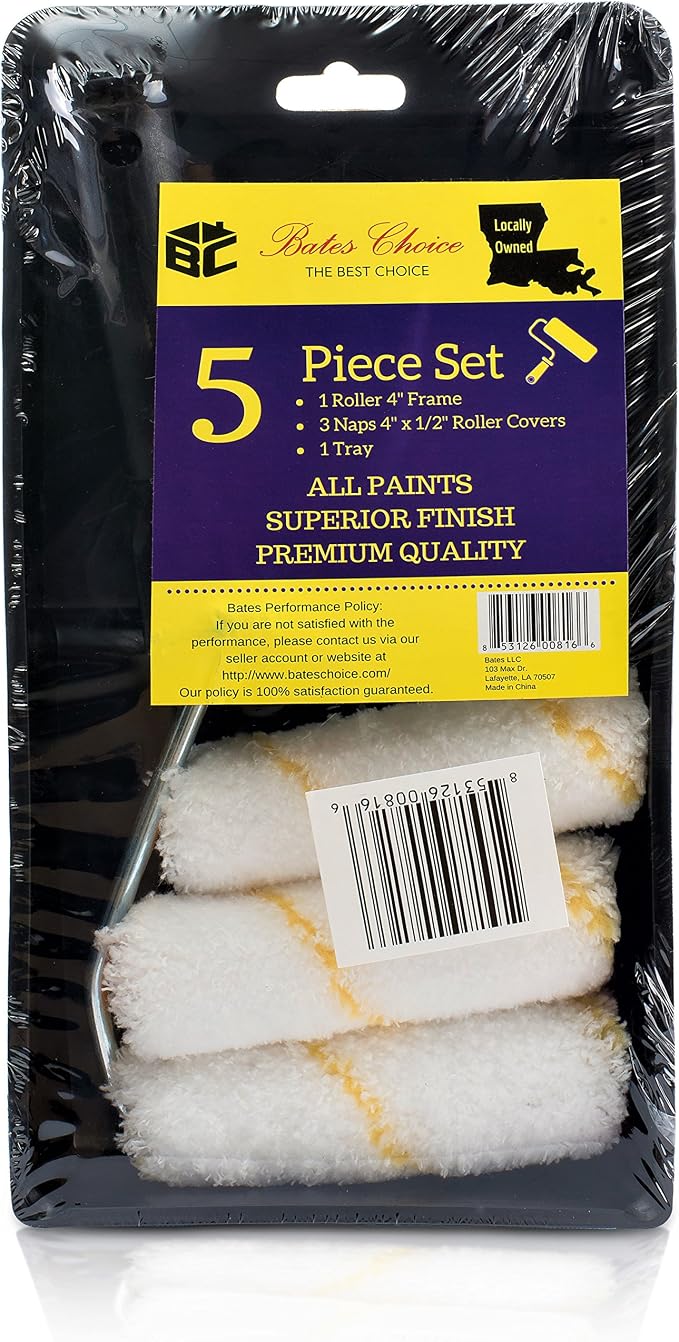 Bates- Paint Tray Set, Paint Roller Kit, 4 inch, Foam Roller, Roller Brush, Paint Tray, Roller Covers, Frame, Naps for House Painting Supplies