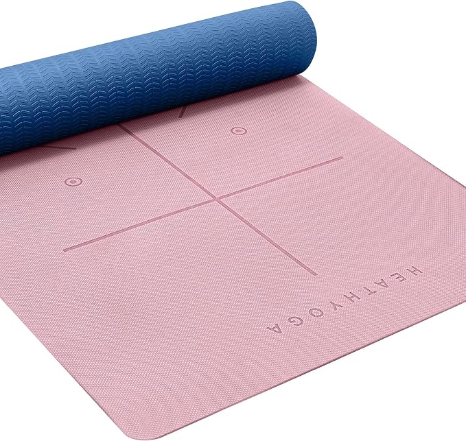 Heathyoga Yoga Mat Non Slip TPE Pilates Exercise Mats for Home Workout Gym Fitness Eco Friendly Thick Hot Yoga Mat with Strap Body Alignment,72"x 26" Thickness 1/4"