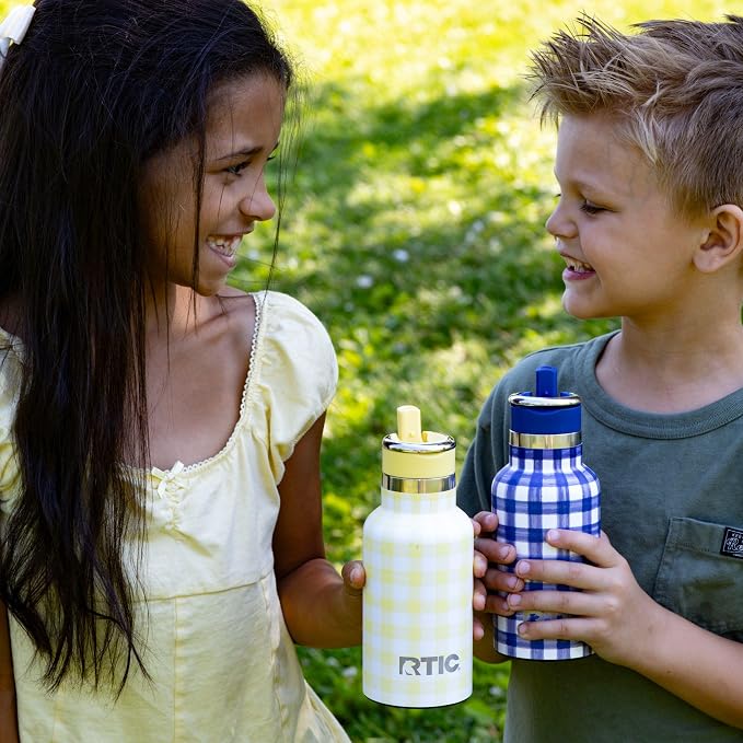 RTIC Little Journey Water Bottle with Straw, Ceramic-Lined, Insulated, Stainless Steel, Metal, Double Wall Vacuum-Insulation, Leak-Proof Lid, BPA-Free Water Flask for Sports, Travel, Sunlight Gingham