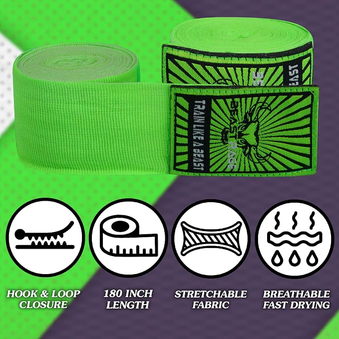BEAST RAGE Boxing Hand Wraps for MMA Kickboxing Wrist Wraps Professional Adult 180" Semi-Elastic Martial Arts Inner Gloves Heavy Bag Handwraps Muay Thai Thumb Straps