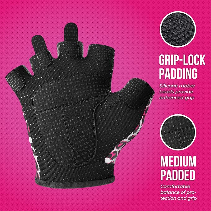Contraband Pink Label 5297 Womens Design Series Leopard Print Lifting & Rowing Gloves (Pair) - Lightweight Vegan Medium Padded Microfiber Amara Leather w/Griplock Silicone