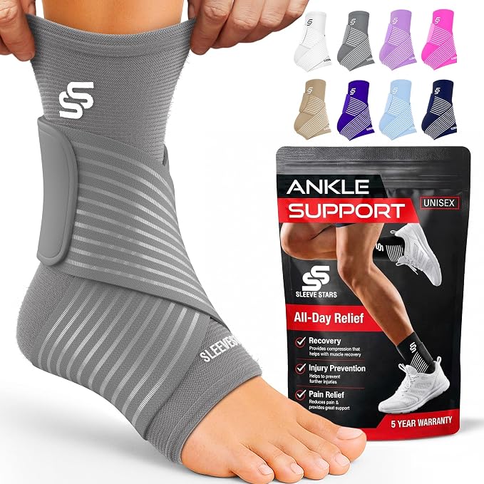 Sleeve Stars Ankle Brace for Women & Men, Ankle Wrap for Sprained Ankle, Compression Sleeve for Plantar Fasciitis Relief, Easy Customizable Support: w/Removable Strap (Single/S:9"-10"/Gray)