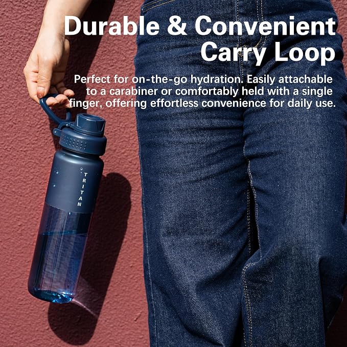 OLDLEY 32oz Water Bottle with Handle, BPA-Free Tritan Reusable Sports Water Bottle with Leak-Proof Dust Lid, Wide Mouth, Cup Holder Friendly, Half Frosted Clear Bottle for Gym, Travel, Work,Navy Blue