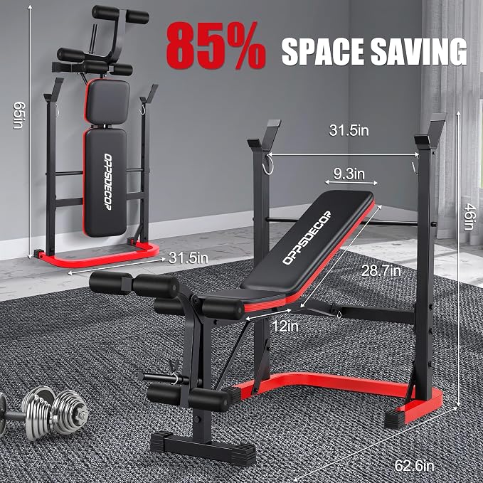 OPPSDECOR Foldable Weight Bench Set with Squat Rack and Preacher Curl Pad | Preacher Curl Bench, Leg Extension and Curl, 660lb Capacit Incline Decline Flat, Foldable Home Gym, For Women Teens Beginners