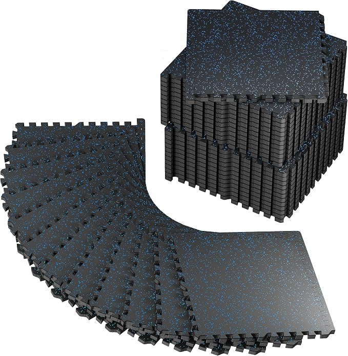 PRAISUN 0.56" Rubber Top Gym Flooring, Heavy Duty Interlocking Gym Mats for Home Gym, Non-Slip Workout Mat, 24 x 24in Large Gym Floor Mat, Protect Floors from Equipment, 144 Sq Ft, Black/Blue