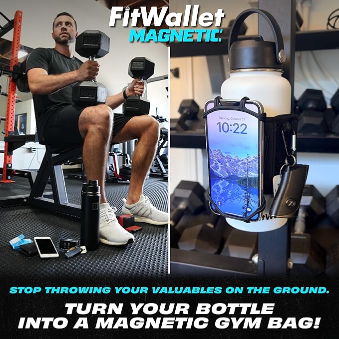 Magnetic Gym Water Bottle Bag & Phone Holder – Hands-Free Sleeve Pouch for Stanley, Hydro Flask & YETI – Detachable Smartphone Case for Workout