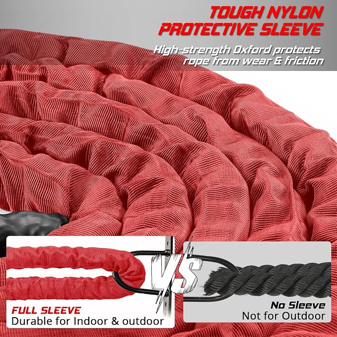 Battle Rope for Home Gym Workout - 1.5 Inch 30ft Heavy Weighted Training Exercise Ropes Fitness Equipment with Sleeve and Anchor Strap Kit for Outdoor Working Out - Red
