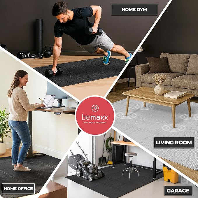 bemaxx Gym Mats Set - 18 pcs EVA Interlocking Foam Floor Tiles (12.6"x12.6"x0.4") 18sqft Protective Gym Flooring Sports Home Workout Exercise Mats Puzzle Garage Fitness Play-Room Pool Treadmill Bike