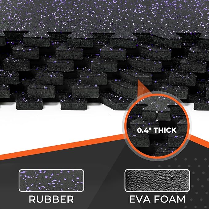 SUPERJARE 0.4'' Thick 24 Pcs 96 Sq Ft Rubber Top Exercise Equipment Mats, High Density EVA Foam Mats with Rubber Top, Interlocking Gym Flooring for Home Gym, Protective Workout Mat, Black/Purple
