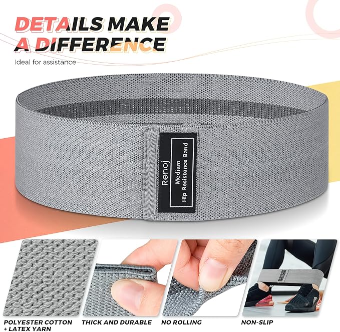 Renoj Resistance Bands for Working Out: 3-Set Professional Exercise Bands for Pilates, Yoga, Home Gym, Booty, Leg Training | Heavy/Medium/Light Fabric Loops for Women Men