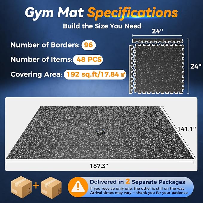 SUPERJARE 1" Extra-Thick Rubber Top Exercise Mat, Puzzle Gym Flooring for Home Gym, Gym Mat for Workout Equipment, Interlocking Floor Tiles with EVA Foam, 48 Pcs 192 Sq Ft, Black/Grey