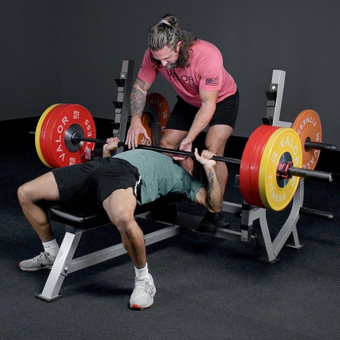 Valor Fitness Olympic Weight Bench Press Station | Spotter Arms, Adjustable Safety Catch, Max 500 lbs, Plate Storage Pegs, Home Gym Equipment