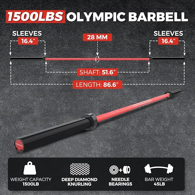 7FT Alloy Steel Olympic Barbell, 1500LB 45LB | 28mm knurled grip bar with needle bearings, chrome finish, 2-inch plate fit, and 1500LB capacity for heavy lifts