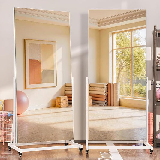 65" x 24" Full Length Rolling Mirror on Wheels for Home Gym, 360° Rotate | Tempered glass & metal frame, 360° rotation, standing holder included, ideal for bedroom, dance studio, fitness training