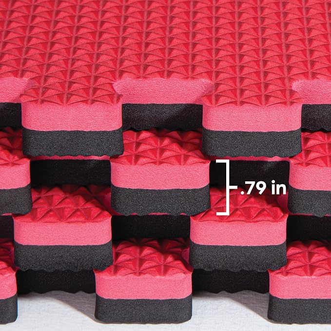 Reversible Gym Exercise Mats 3/4" Thick EVA Interlocking Foam Tiles, Perfect Gym Flooring for Home Gym, 8 Tiles & 16 Trim Pieces, 32 Sq. Ft. 24"x24", Red/Black