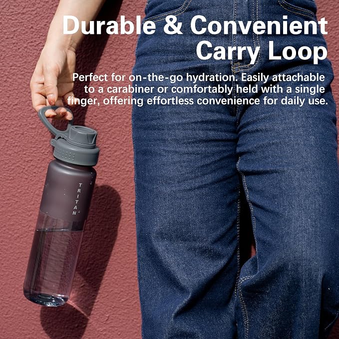 OLDLEY 32 oz Water Bottle with Handle, BPA-Free Tritan Reusable Sports Water Bottle with Leak-Proof Dust Lid, Wide Mouth, Cup Holder Friendly, Half Frosted Clear Bottle for Gym, Travel, Work,Gray