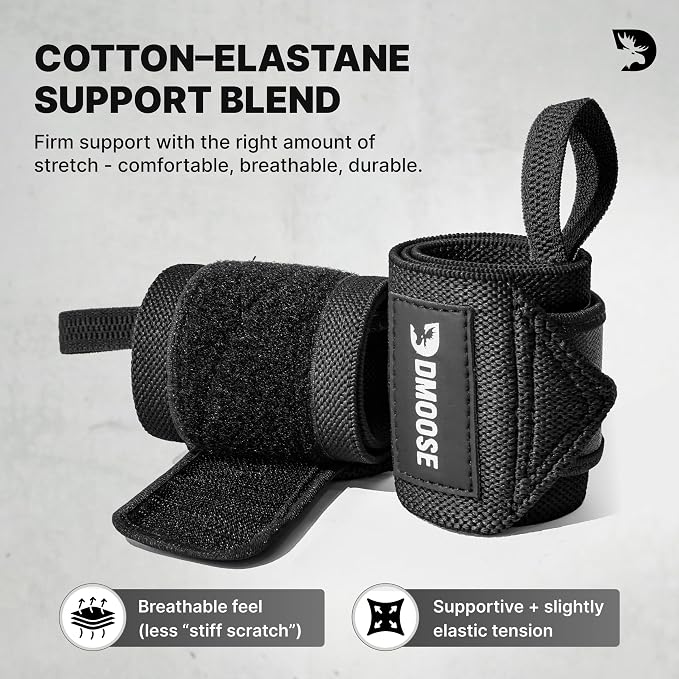 DMoose Fitness Wrist Wraps for Weightlifting 18" - Heavy Duty Gym Wrap with Hand Thumb Loop for Support & Pain Relief, USPA Approved Powerlifting, Weight Lifting Wrist Straps for Men & Women Work Out
