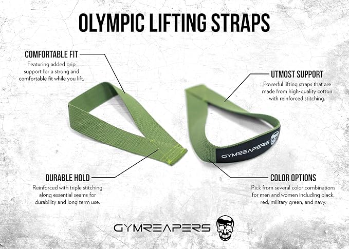 Gymreapers Olympic Lifting Straps for Weightlifting, Snatch, Clean, Powerlifting, Strongman, Deadlifts - Durable Cotton with Reinforced Stitching (Pair)