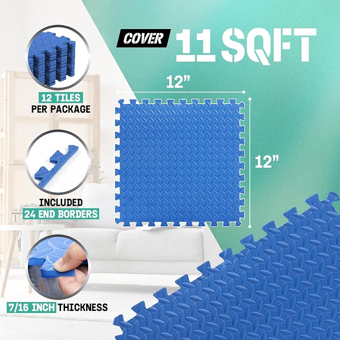 Yes4All EVA Interlocking Mats, Puzzle Floor Tiles, Foam Floor Padding with Border for Furniture, Home Space, Living Room, Garage 11,15,32,99 SQFT