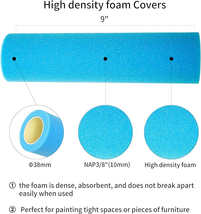 Voomey 9 Inch Foam Paint Roller 3 Pack, High Density Sponge Paint Rollers | for Smooth Wall and Furniture Finishing, Reusable Paint Tools for Home DIY and Professional Use
