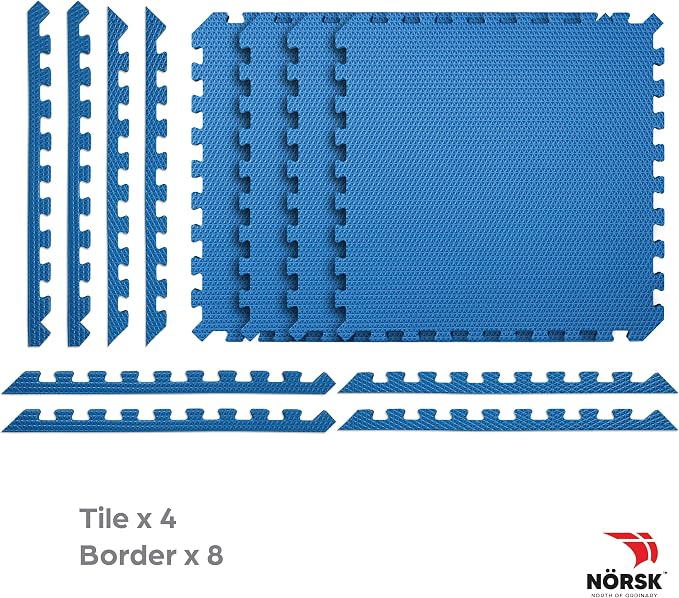 Reversible Gym Exercise Mats 3/4" Thick EVA Interlocking Foam Tiles, Perfect Gym Flooring for Home Gym, 8 Tiles & 16 Trim Pieces, 32 Sq. Ft. 24"x24" Dazzling Blue/Black