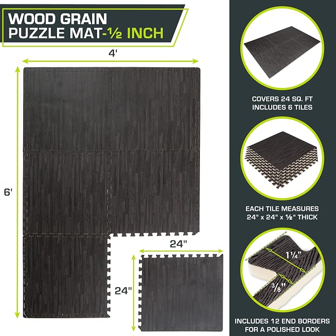 ProsourceFit Wood Grain Puzzle Mat ½-inch, 6 EVA Foam Interlocking Floor Tiles (24 SQ FT) for Secure Indoor Gym Flooring, Office Spaces, Living Rooms, and Play Areas, Carbon Black