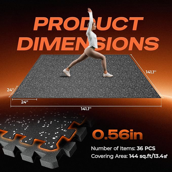 SUPERJARE 0.56'' Thick 36 Pcs 144 Sq Ft Rubber Top Exercise Equipment Mats, High Density EVA Foam Mats with Rubber Top, Interlocking Gym Flooring for Home Gym, Protective Workout Mat, Black/Grey
