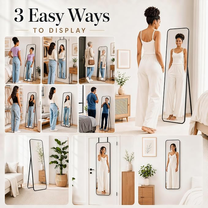 SCWF-GZ 57x20 Full Length Mirror Over The Door Hanging, Floor Stand/Wall Mounted Aluminum Alloy Frame Dressing Mirror for Bedroom Living Room 57 inch Black