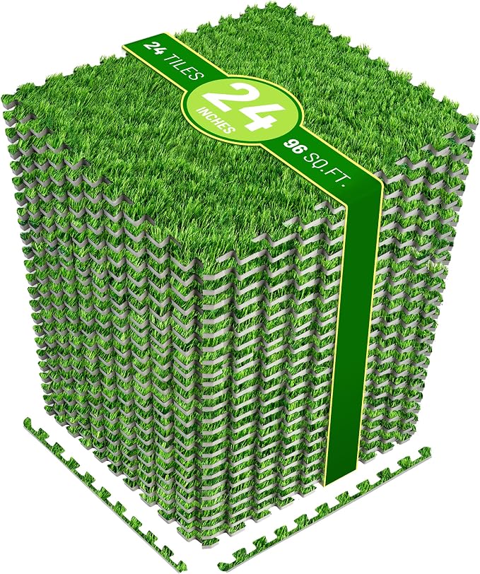 Sorbus Grass Foam Floor Tiles - 24 Interlocking Mats of 24"X24” Total of 96 Sq Ft for Kids Outdoor Toys, Playroom, Deck, Patio, Basement Home Gym - Artificial Carpet Grass Turf Indoor Outdoor Flooring