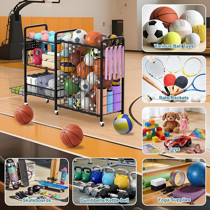 Sports Equipment Garage Organizer,Garage Ball Storage Rack for Sports with Wheels-Upgraded 3 Layers Organizer Rack Outdoor Basketball Racks for Balls with Holder and Hooks (Deep Black)