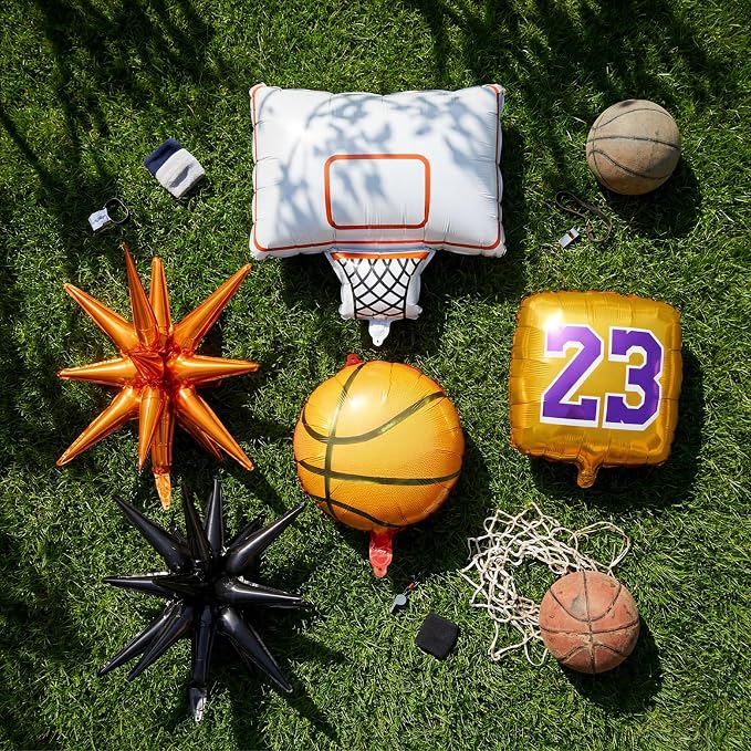 Soulchen 12 Pcs Basketball Birthday Party Balloons Decorations 6 Pcs Basketball Aluminum Foil Balloon 2 Hoop Foil 2#23 Jersey 2 Exploding Star for Birthday Party Sports Themed Decorations