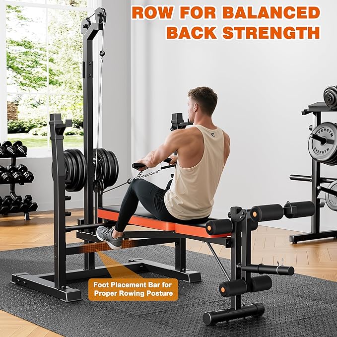 XDDIAS 9-in-1 Olympic Weight Bench Set with Lat Pulldown, Rowing, Squat Rack, Leg Extension/Curl, Preacher Pad, 900LB Adjustable Bench Press for Home Gym Weight Lifting Full-Body Workout