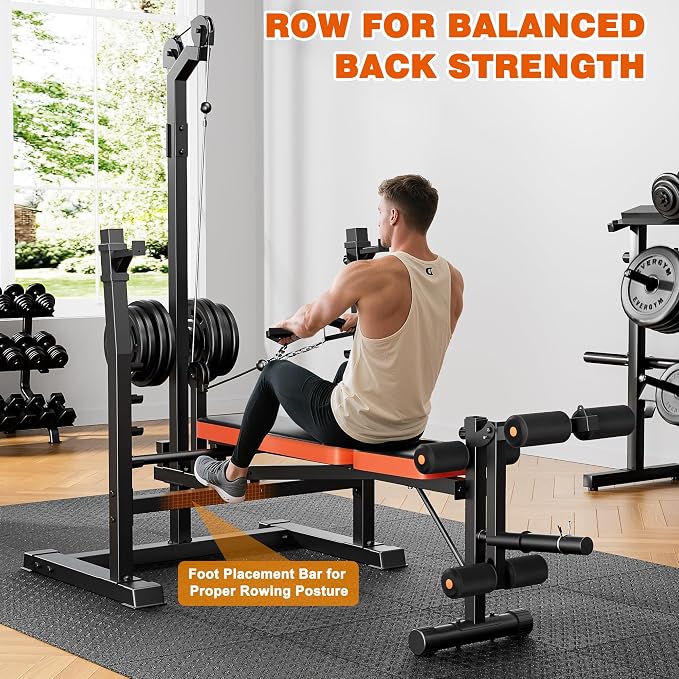 XDDIAS 9-in-1 Olympic Weight Bench Set with Lat Pulldown, Rowing, Squat Rack, Leg Extension/Curl, Preacher Pad, 900LB Adjustable Bench Press for Home Gym Weight Lifting Full-Body Workout
