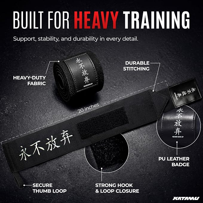 Katamu Never Give Up Premium Wrist Wraps for Weightlifting — 18 Inch | Cotton Wrist Support with Thumb Loop for Powerlifting, Bodybuilding and Bench Press, Pair