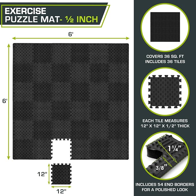 ProsourceFit Exercise Puzzle Mat ½-inch, Checkered EVA Foam Floor Tiles w/ Non-Slip Texture, Interlocking Design for Adjustable Gym Surfaces, Shock Absorbing, Black, 36 SQ FT - 36 Tiles