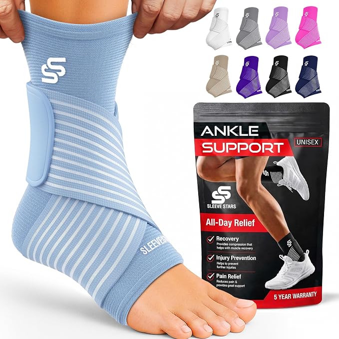 Sleeve Stars Ankle Brace for Women & Men, Ankle Wrap for Sprained Ankle, Compression Sleeve for Plantar Fasciitis Relief, Easy Customizable Support: w/Removable Strap (Single/S:9"-10"/Light Blue)