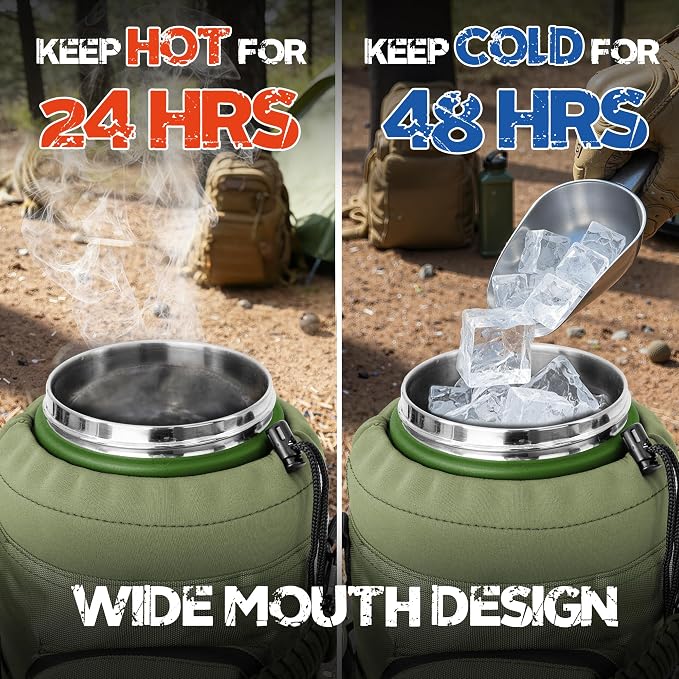 NATURE PIONEOR 128oz/1 Gallon Tactical Water Bottle with MOLLE Bottle Pouch | 18/8 Food-grade Stainless Steel, Double Vacuum Insulation, Wide-Mouth, Straw & Spout Lid, Strap, Camping, Hiking, Gym, Work