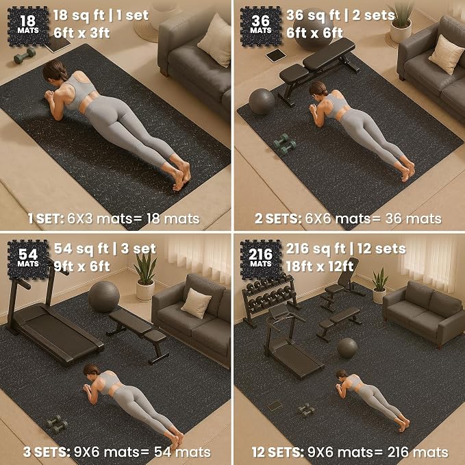 bemaxx Gym Mats Set - 18 pcs EVA Interlocking Foam Floor Tiles (12.6"x12.6"x0.4") 18sqft Protective Gym Flooring Sports Home Workout Exercise Mats Puzzle Garage Fitness Play-Room Pool Treadmill Bike