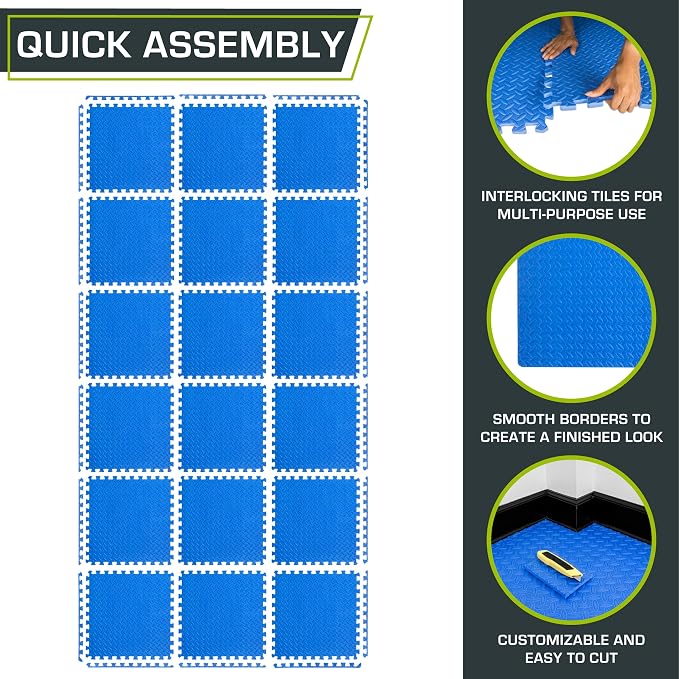 ProsourceFit Exercise Puzzle Mat 1/2-inch, EVA Interlocking Foam Floor Tiles for Home Gym, Workout Equipment, Kids Play Areas, Blue, 72 SQ FT - 18 Tiles