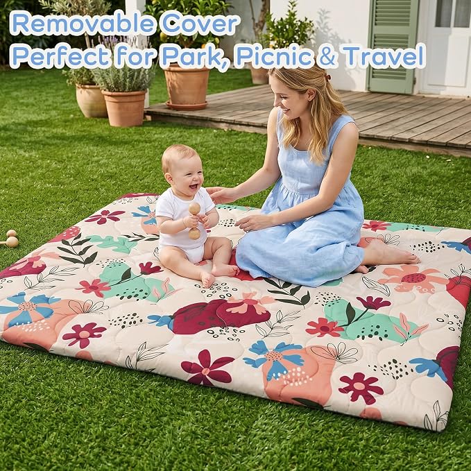 1.6" Thick Baby Play Mat, 71x59 Removable & Machine Washable Cover | Padded Memory Foam, Non-Slip Backing, 100% Baby-Safe Materials, Tummy Time Crawling, Outdoor, Bedroom, Living Room, Nursery