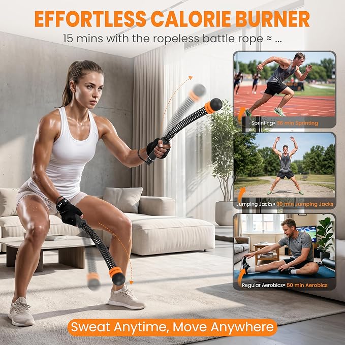 Ropeless Battle Ropes with Adjustable Weight, 2 Pack, Black | Adjustable weighted ropeless battle ropes with removable resistance rings for full-body HIIT workouts.