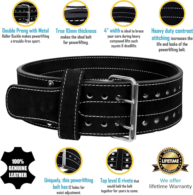 Hawk Sports Double Prong Powerlifting Belt for Men & Women, 10mm Thick, 4" Wide Suede Leather Weightlifting Belt, for Doing Heavy Weight Workouts like Deadlifts & Squats at Full Power