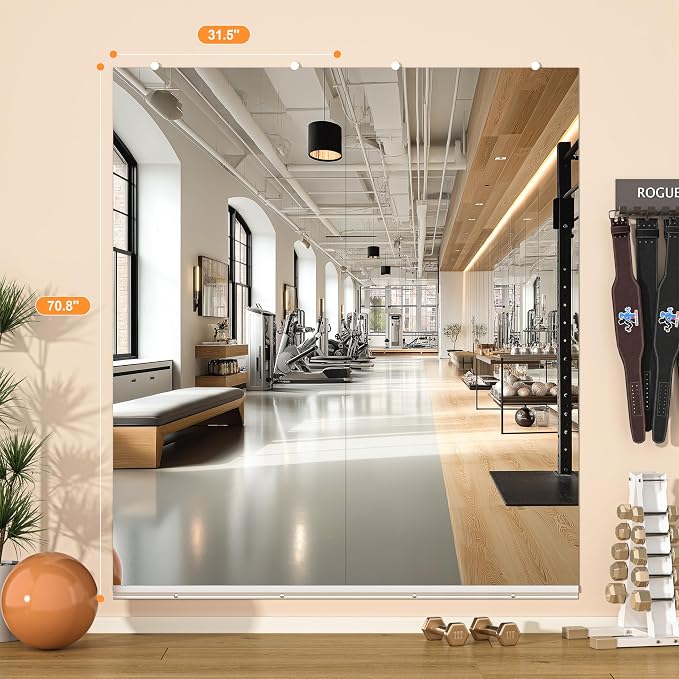 Hasipu Home Gym Mirror, 71"x32" Each, 2-Pack Frameless Wall Mounted Mirrors with Glass Clamps & 2 Aluminum Rail, Large Body Mirror for Home Gym, Yoga Studio, Bedroom, Silver Tempered Glass
