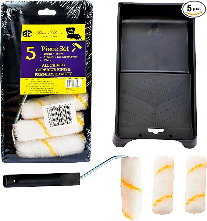 Bates- Paint Tray Set, Paint Roller Kit, 4 inch, Foam Roller, Roller Brush, Paint Tray, Roller Covers, Frame, Naps for House Painting Supplies
