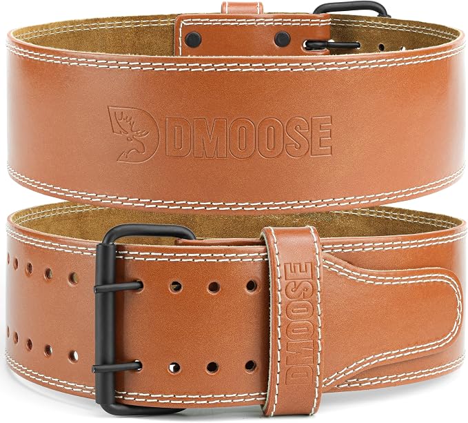 DMoose Fitness Weight Lifting Belt for Lower Back Support - 5mm Thick Genuine Leather Gym Belt for Squats, Deadlifts & Powerlifting - Double Prong Buckle with 10 Holes Adjustability for Men & Women