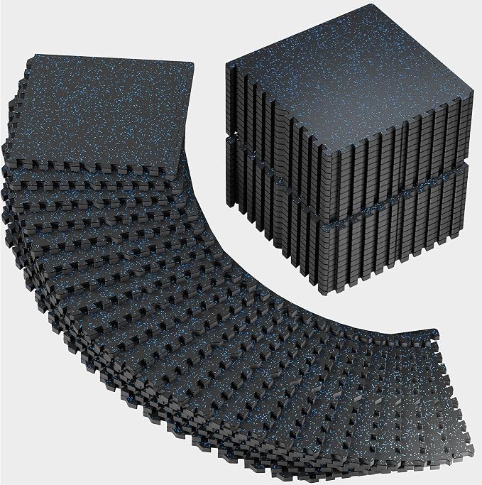 PRAISUN 0.6" Thicker Rubber Top Gym Flooring for Home Gym, 48 Pcs 192 Sq Ft Workout Mats, Exercise Mat, Interlocking Rubber Floor Mats with High Density EVA Foam for Garage, 24 x 24in, Black/Blue