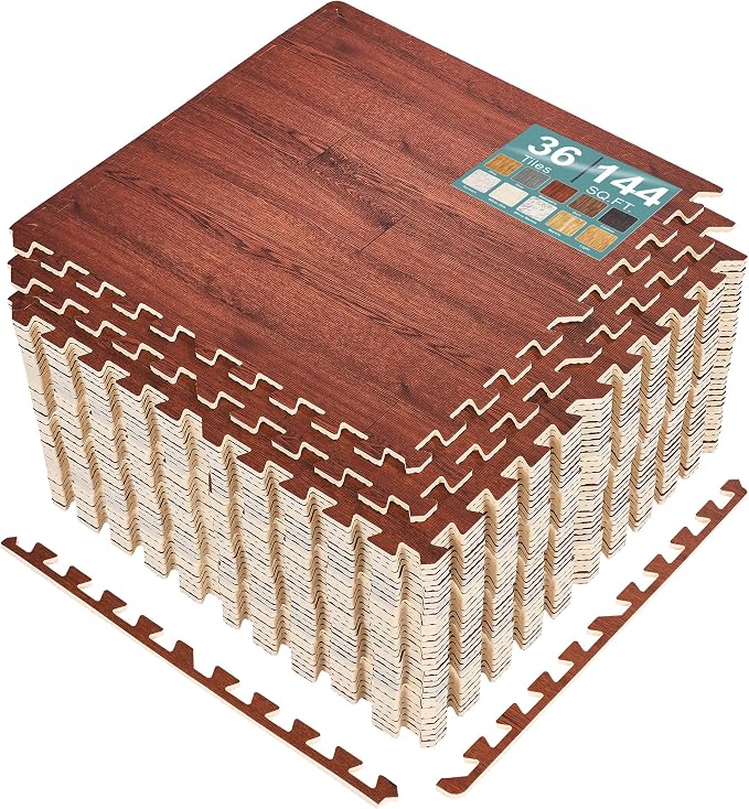 Sorbus Wood Grain Floor Tiles Foam Mat EVA Interlocking Mats Tile 3/8-Inch Thick Flooring Wood Puzzle Exercise Mats w/Borders - Home Playroom Basement, Apartment, Trade Show, Baby, Dance