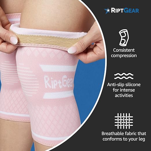 RiptGear Knee Compression Sleeve Women - Knee Support and Compression Knee Brace for Women Working Out For Pain, Running (Medium, Pink (2 Pack))