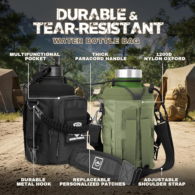 NATURE PIONEOR 64 oz Tactical Water Bottle with MOLLE Bottle Pouch & 3 Lids | 18/8 Food-grade Stainless Steel, Double Vacuum Insulation, 3 Leak-proof Lids, Handle, Strap, Camping, Hiking, Gym, Work